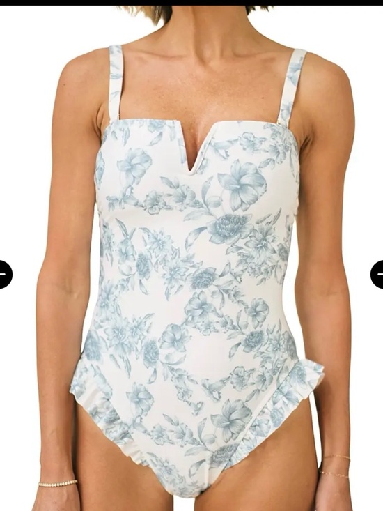 Hermoza White and Light Blue Floral Ruffle One-Piece Swimsuit